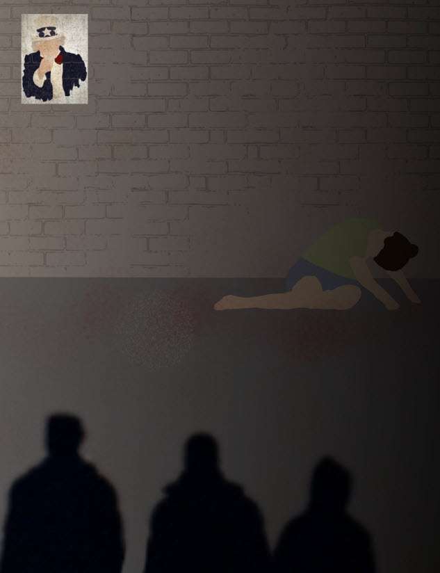 Woman cowering by the floor in front of a brick wall that has a framed image of Uncle Sam hanging above her with shadows of people in the forefront