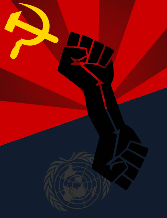 Page divided -upper striped in dark and light red and lower is dark blue. Black fists mirrored on both sides, a yellow Russian sickle image in the upper right corner and a grey United Nations  symbol in the middle on the bottom half