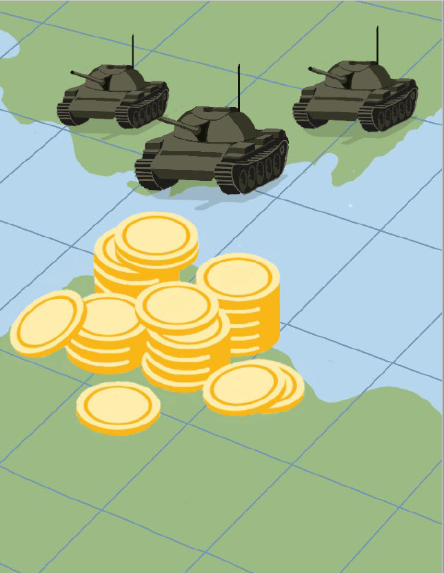 two land areas separated by water on the north there are tanks and on the south there are piles of coins